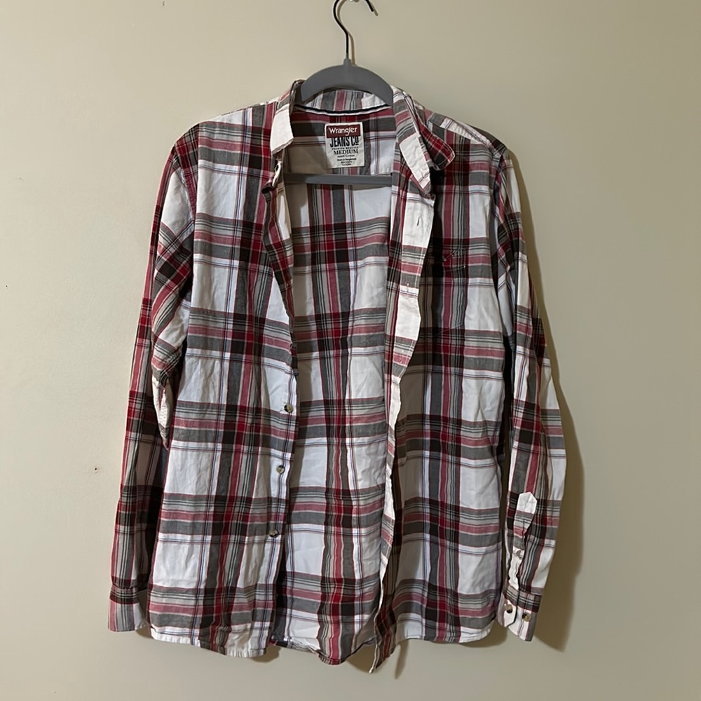 Red, gray plaid flannel button down.